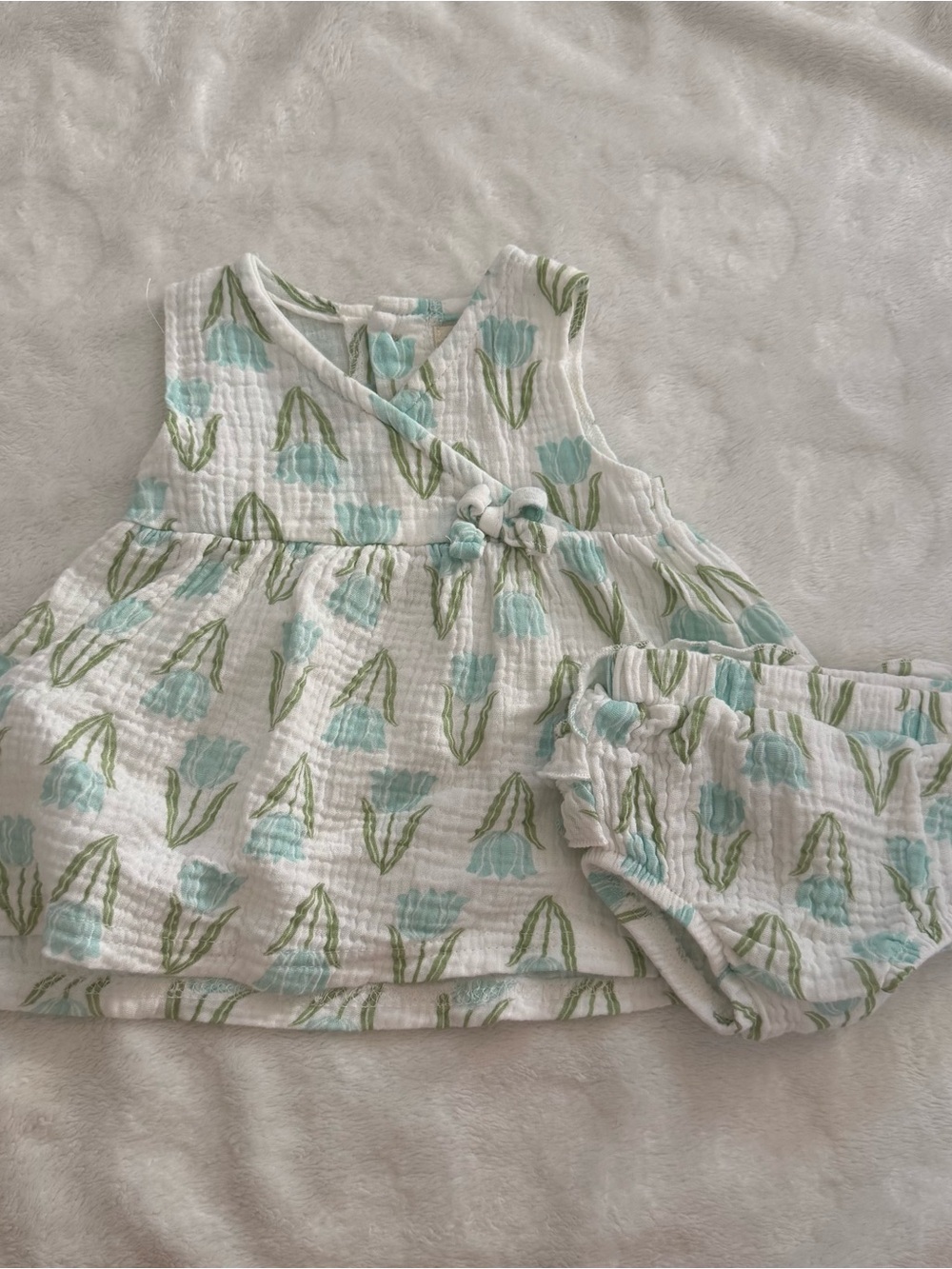 White & Light Blue Floral Baby Dress with Bloomers